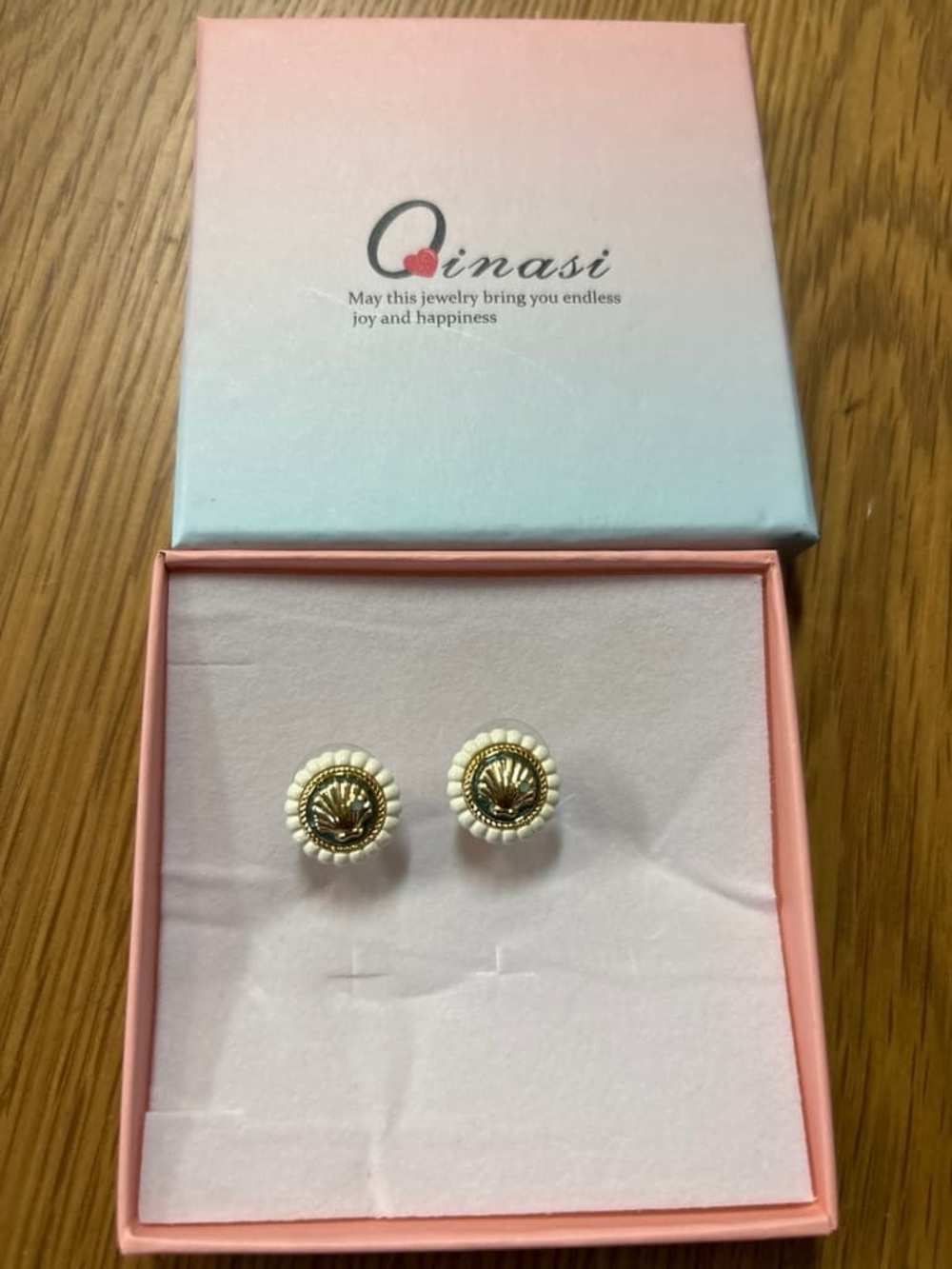 Gold & White Shell Button Stud Earrings